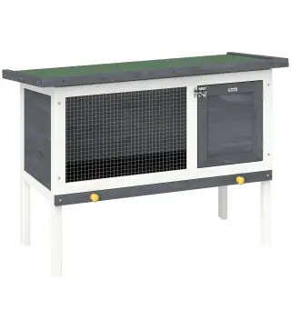 Conejera de Madera, Jaula para Conejos Medianos con Techo Asfáltico Abatible Bandeja Extraíble Puerta con Pestillo Gris