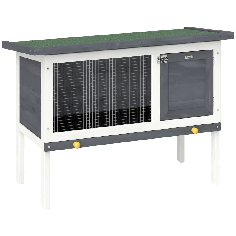 Conejera de Madera, Jaula para Conejos Medianos con Techo Asfáltico Abatible Bandeja Extraíble Puerta con Pestillo Gris