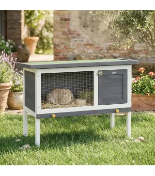 Conejera de Madera, Jaula para Conejos Medianos con Techo Asfáltico Abatible Bandeja Extraíble Puerta con Pestillo Gris