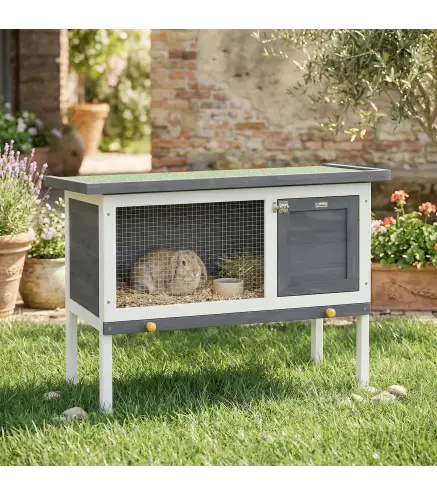 Conejera de Madera, Jaula para Conejos Medianos con Techo Asfáltico Abatible Bandeja Extraíble Puerta con Pestillo Gris