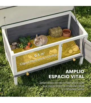 Conejera de Madera, Jaula para Conejos Medianos con Techo Asfáltico Abatible Bandeja Extraíble Puerta con Pestillo Gris