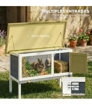 Conejera de Madera, Jaula para Conejos Medianos con Techo Asfáltico Abatible Bandeja Extraíble Puerta con Pestillo Gris