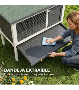 Conejera de Madera, Jaula para Conejos Medianos con Techo Asfáltico Abatible Bandeja Extraíble Puerta con Pestillo Gris