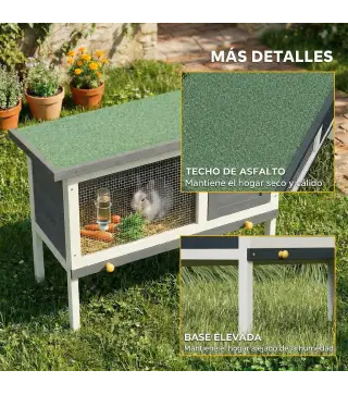 Conejera de Madera, Jaula para Conejos Medianos con Techo Asfáltico Abatible Bandeja Extraíble Puerta con Pestillo Gris