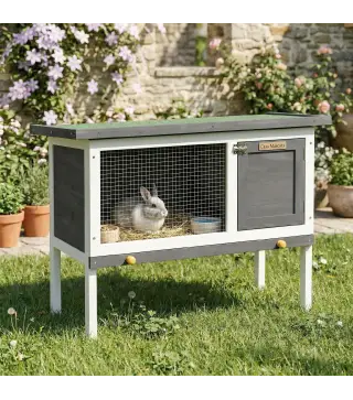 Conejera de Madera, Jaula para Conejos Medianos con Techo Asfáltico Abatible Bandeja Extraíble Puerta con Pestillo Gris