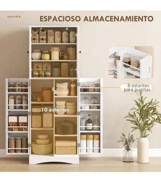 Armario Despensa Cocina con 4 Puertas con 8 Compartimentos 10 Estantes Alacena Moderna con 4 Estantes Ajustables Blanco