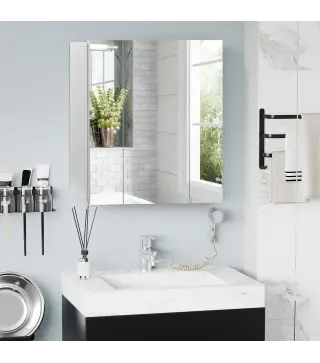 Mueble de Baño con Espejo Mueble de Pared para Baño con 3 Puertas y Estantes Internos Ajustables 70x15x60cm Blanco