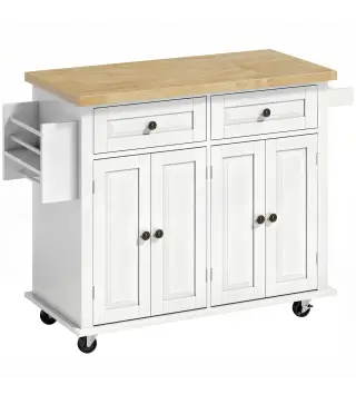 Isla de Cocina con Ruedas Mueble Auxiliar de Cocina con Especiero y Barra Lateral 111x44,5x82,5 cm Blanco