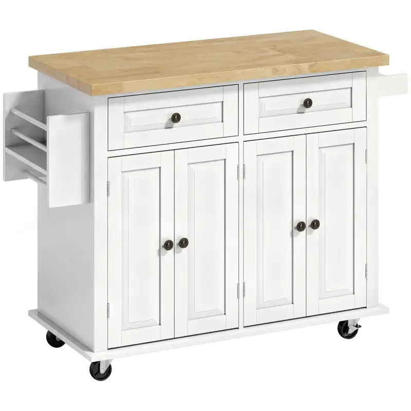 Isla de Cocina con Ruedas Mueble Auxiliar de Cocina con Especiero y Barra Lateral 111x44,5x82,5 cm Blanco