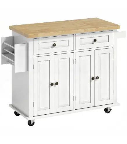 Isla de Cocina con Ruedas Mueble Auxiliar de Cocina con Especiero y Barra Lateral 111x44,5x82,5 cm Blanco