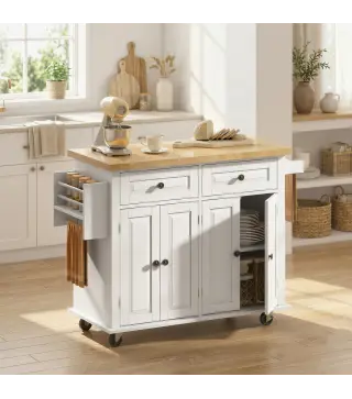 Isla de Cocina con Ruedas Mueble Auxiliar de Cocina con Especiero y Barra Lateral 111x44,5x82,5 cm Blanco