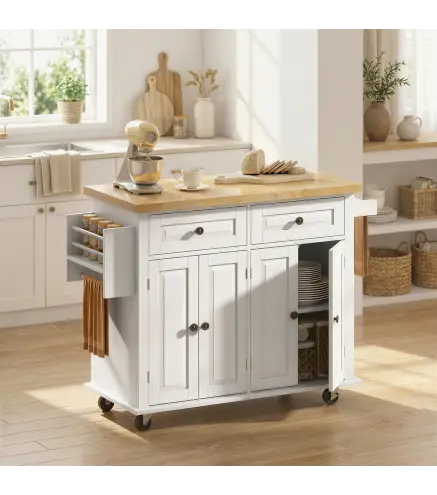 Isla de Cocina con Ruedas Mueble Auxiliar de Cocina con Especiero y Barra Lateral 111x44,5x82,5 cm Blanco