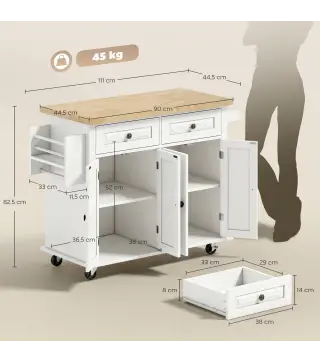 Isla de Cocina con Ruedas Mueble Auxiliar de Cocina con Especiero y Barra Lateral 111x44,5x82,5 cm Blanco