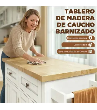 Isla de Cocina con Ruedas Mueble Auxiliar de Cocina con Especiero y Barra Lateral 111x44,5x82,5 cm Blanco