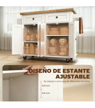 Isla de Cocina con Ruedas Mueble Auxiliar de Cocina con Especiero y Barra Lateral 111x44,5x82,5 cm Blanco