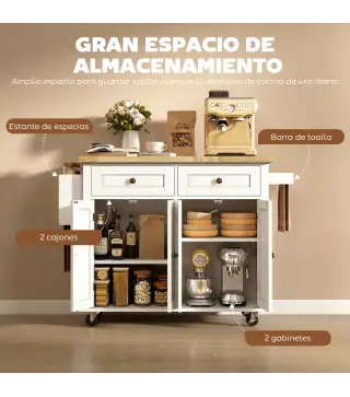 Isla de Cocina con Ruedas Mueble Auxiliar de Cocina con Especiero y Barra Lateral 111x44,5x82,5 cm Blanco