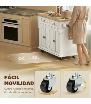 Isla de Cocina con Ruedas Mueble Auxiliar de Cocina con Especiero y Barra Lateral 111x44,5x82,5 cm Blanco