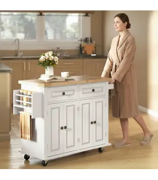 Isla de Cocina con Ruedas Mueble Auxiliar de Cocina con Especiero y Barra Lateral 111x44,5x82,5 cm Blanco