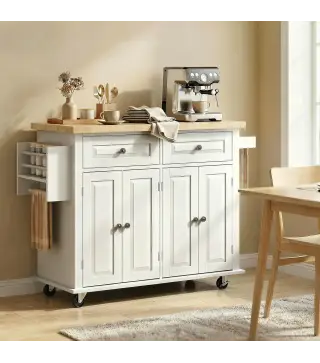 Isla de Cocina con Ruedas Mueble Auxiliar de Cocina con Especiero y Barra Lateral 111x44,5x82,5 cm Blanco