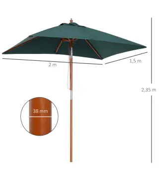 Sombrilla Terraza Exterior 200x150 cm Sombrilla de Jardín Rectangular con Ángulo Ajustable Mástil de Madera y Manivela Parasol p