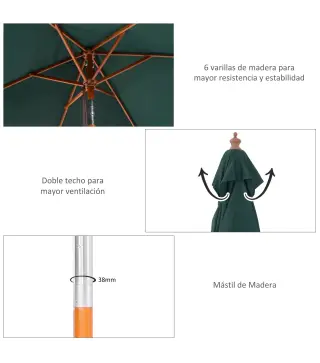 Sombrilla Terraza Exterior 200x150 cm Sombrilla de Jardín Rectangular con Ángulo Ajustable Mástil de Madera y Manivela Parasol p