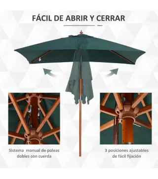 Sombrilla Terraza Exterior 200x150 cm Sombrilla de Jardín Rectangular con Ángulo Ajustable Mástil de Madera y Manivela Parasol p