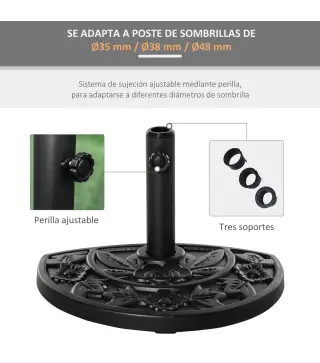 Base para Sombrilla Semicircular Peso 9 kg Soporte Parasol de Jardín Apto para Mástil de 35mm/38mm/48mm Relleno de Cemento para