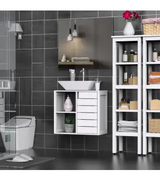 Mueble Bajo de Lavabo para Baño Suspendido Compacto con 2 Estantes Abiertos y Zona Cerrada 60x30x54 cm Blanco