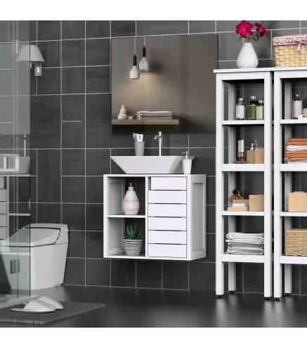 Mueble Bajo de Lavabo para Baño Suspendido Compacto con 2 Estantes Abiertos y Zona Cerrada 60x30x54 cm Blanco