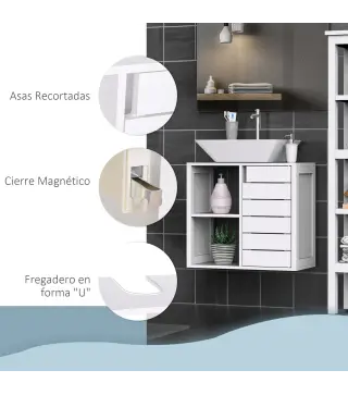 Mueble Bajo de Lavabo para Baño Suspendido Compacto con 2 Estantes Abiertos y Zona Cerrada 60x30x54 cm Blanco