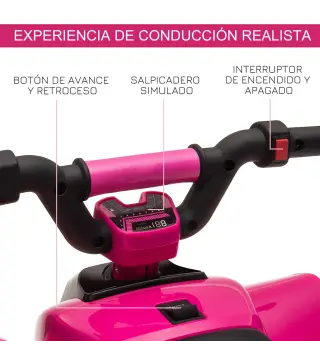 Quad Eléctrico para Niños de 18-36 Meses Batería 6V con Avance y Retroceso Carga Máx. 20 kg 72x40x45,5 cm Rosa