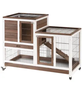 Conejera de Madera con Ruedas para Interior Jaula de 2 Pisos con Rampa y 2 Bandejas Extraíbles 110x50x88cm Marrón