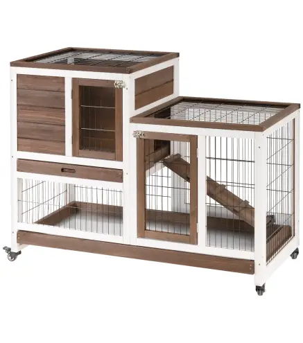 Conejera de Madera con Ruedas para Interior Jaula de 2 Pisos con Rampa y 2 Bandejas Extraíbles 110x50x88cm Marrón