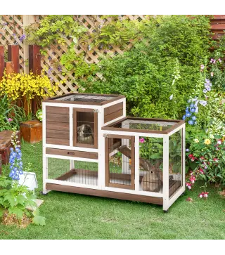 Conejera de Madera con Ruedas para Interior Jaula de 2 Pisos con Rampa y 2 Bandejas Extraíbles 110x50x88cm Marrón