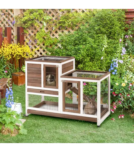 Conejera de Madera con Ruedas para Interior Jaula de 2 Pisos con Rampa y 2 Bandejas Extraíbles 110x50x88cm Marrón