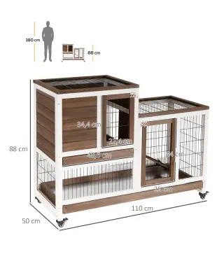 Conejera de Madera con Ruedas para Interior Jaula de 2 Pisos con Rampa y 2 Bandejas Extraíbles 110x50x88cm Marrón