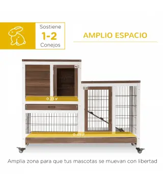 Conejera de Madera con Ruedas para Interior Jaula de 2 Pisos con Rampa y 2 Bandejas Extraíbles 110x50x88cm Marrón