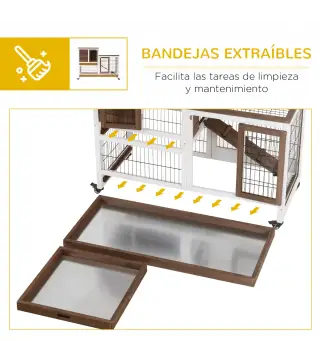 Conejera de Madera con Ruedas para Interior Jaula de 2 Pisos con Rampa y 2 Bandejas Extraíbles 110x50x88cm Marrón