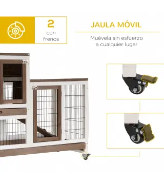 Conejera de Madera con Ruedas para Interior Jaula de 2 Pisos con Rampa y 2 Bandejas Extraíbles 110x50x88cm Marrón