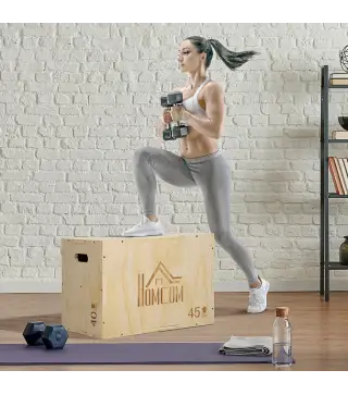 Cajón de Salto de Madera 3 en 1 con 2 Mango Hueco Carga 120 kg para Casa Oficina Gimnasia 45x40x60 cm Madera Natural