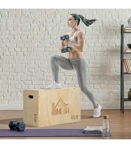 Cajón de Salto de Madera 3 en 1 con 2 Mango Hueco Carga 120 kg para Casa Oficina Gimnasia 45x40x60 cm Madera Natural