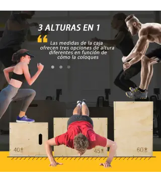 Cajón de Salto de Madera 3 en 1 con 2 Mango Hueco Carga 120 kg para Casa Oficina Gimnasia 45x40x60 cm Madera Natural