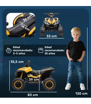 Quad Eléctrico para Niños de 3-5 Años Vehículo Eléctrico a Batería 12V con 2 Motores 83x53x55,5 cm Amarillo