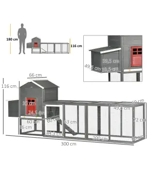 Gallinero para Exterior Grande de Madera 300x66x116 cm con Nido Corral Bandeja Extraíble Techo Asfáltico Rampa Gris