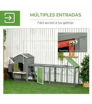 Gallinero para Exterior Grande de Madera 300x66x116 cm con Nido Corral Bandeja Extraíble Techo Asfáltico Rampa Gris