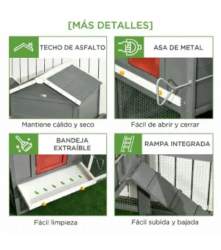 Gallinero para Exterior Grande de Madera 300x66x116 cm con Nido Corral Bandeja Extraíble Techo Asfáltico Rampa Gris