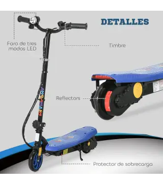 Patinete Eléctrico para Niños de 7-14 Años Plegable con Faro LED Rueda y Freno Velocidad Máxima de 12 km/h Azul