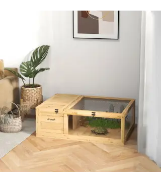 Casa para Tortugas de Madera con Techo de Malla y Paneles Laterales Transparentes Extraíbles 91x60,5x32 cm Natural