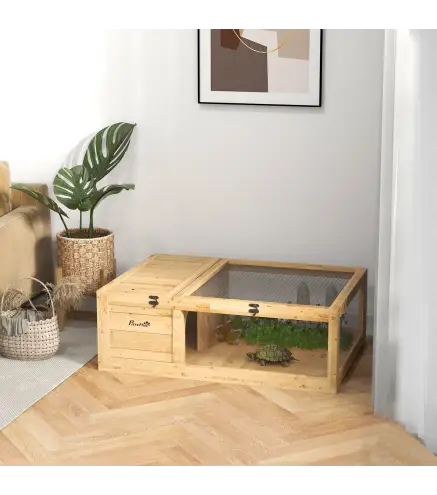 Casa para Tortugas de Madera con Techo de Malla y Paneles Laterales Transparentes Extraíbles 91x60,5x32 cm Natural