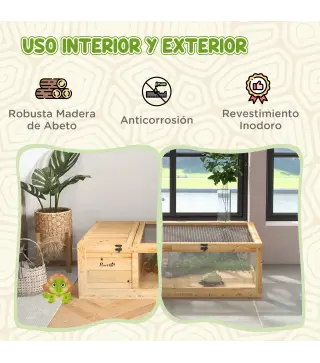 Casa para Tortugas de Madera con Techo de Malla y Paneles Laterales Transparentes Extraíbles 91x60,5x32 cm Natural